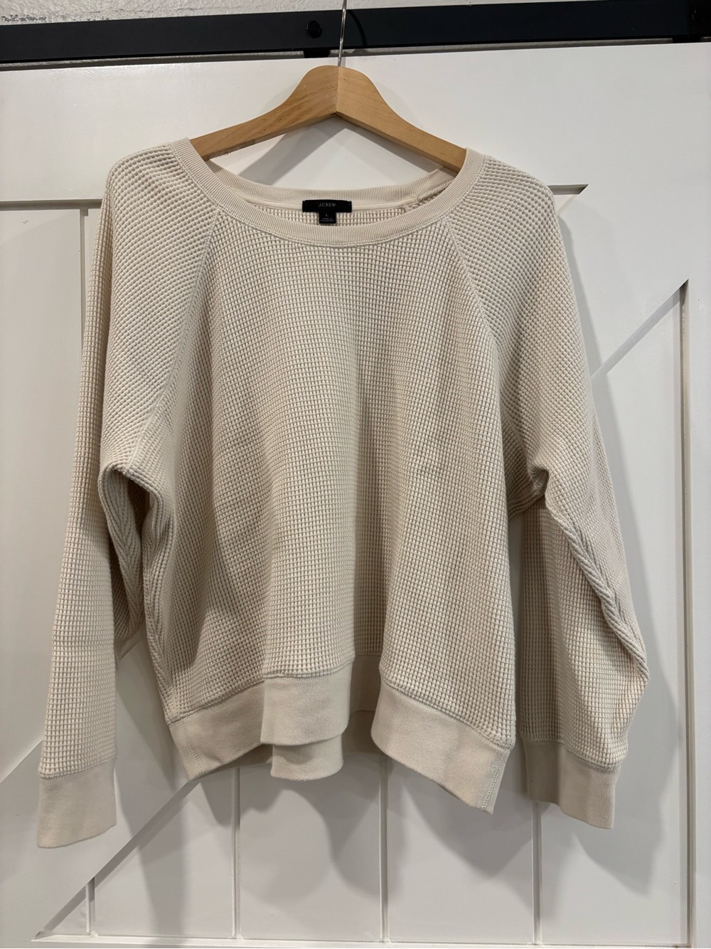 J.Crew Waffle Knit Crewneck Sweatshirt L Cream Ivory Cotton Pullover EUC
